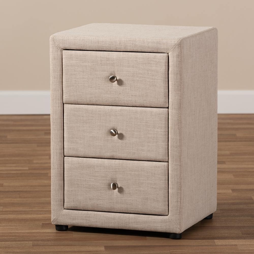 Tessa Modern and Contemporary Beige Fabric Upholstered 3-Drawer Nightstand FredCo