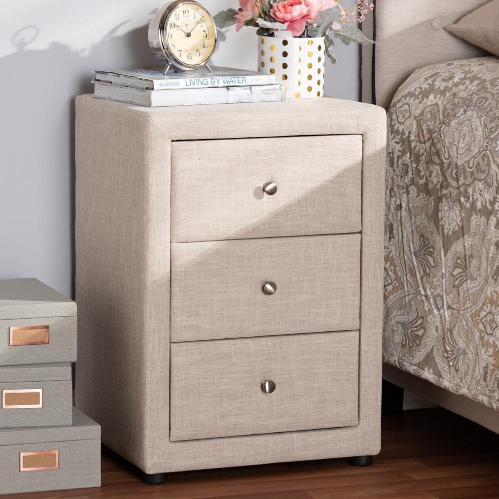 Tessa Modern and Contemporary Beige Fabric Upholstered 3-Drawer Nightstand FredCo