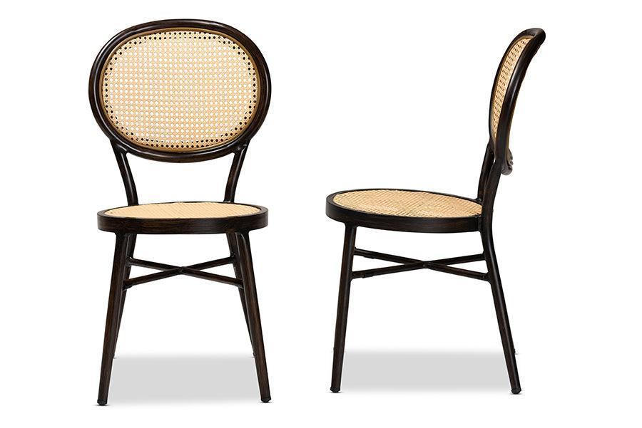 Thalia Mid-Century Modern Dark Brown Finished Metal and Synthetic Rattan 2-Piece Outdoor Dining Chair Set FredCo