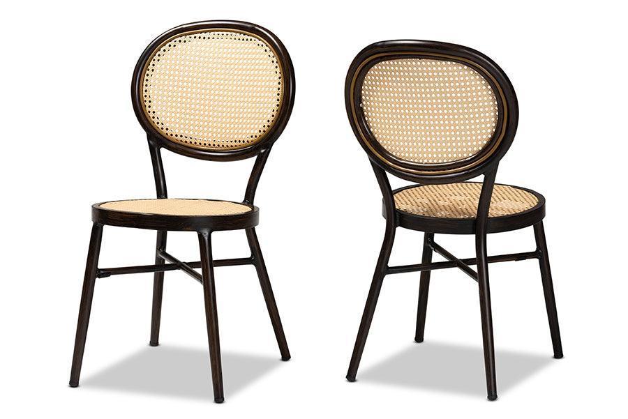 Thalia Mid-Century Modern Dark Brown Finished Metal and Synthetic Rattan 2-Piece Outdoor Dining Chair Set FredCo