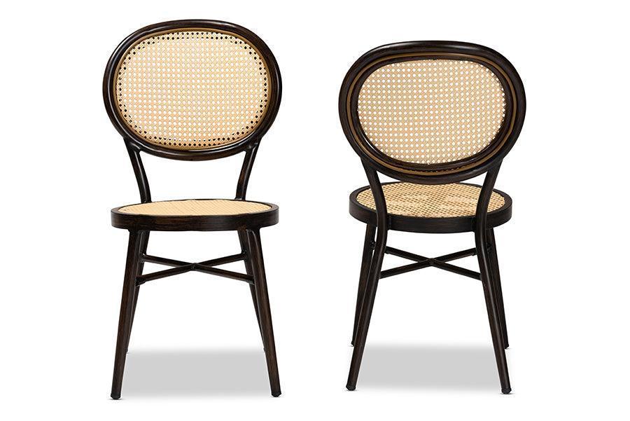 Thalia Mid-Century Modern Dark Brown Finished Metal and Synthetic Rattan 2-Piece Outdoor Dining Chair Set FredCo
