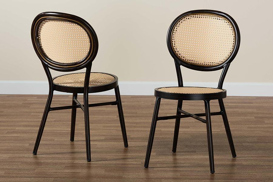 Thalia Mid-Century Modern Dark Brown Finished Metal and Synthetic Rattan 2-Piece Outdoor Dining Chair Set FredCo