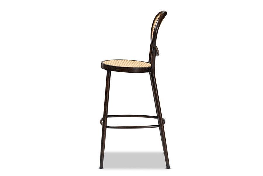 Thalia Mid-Century Modern Dark Brown Finished Metal and Synthetic Rattan Outdoor Bar Stool FredCo