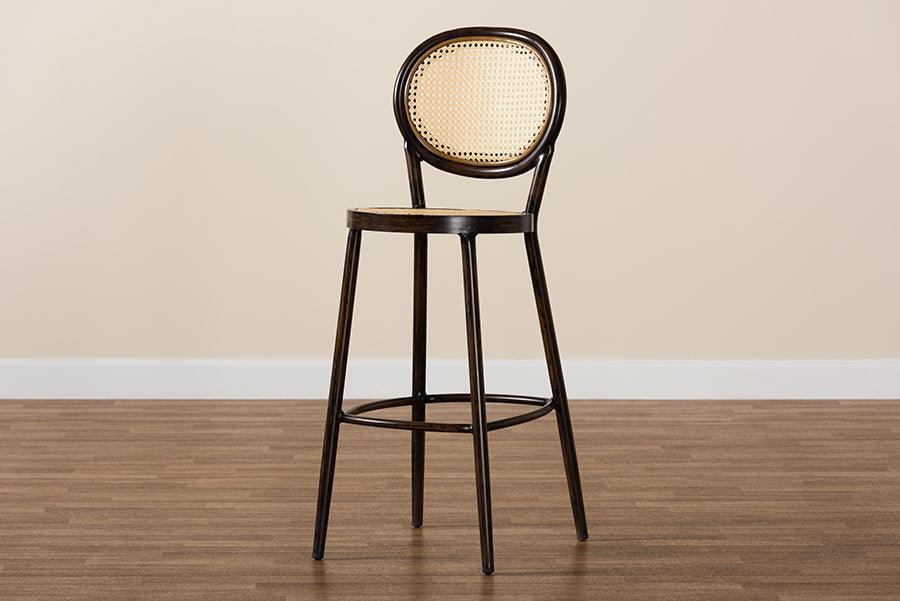 Thalia Mid-Century Modern Dark Brown Finished Metal and Synthetic Rattan Outdoor Bar Stool FredCo