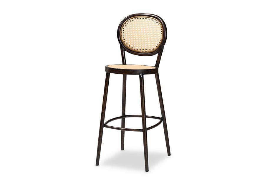 Thalia Mid-Century Modern Dark Brown Finished Metal and Synthetic Rattan Outdoor Bar Stool FredCo