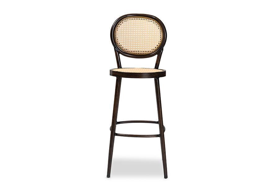 Thalia Mid-Century Modern Dark Brown Finished Metal and Synthetic Rattan Outdoor Bar Stool FredCo