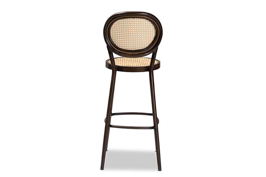 Thalia Mid-Century Modern Dark Brown Finished Metal and Synthetic Rattan Outdoor Bar Stool FredCo