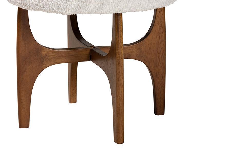 Theo Japandi Cream Boucle Fabric and Walnut Brown Finished Rubberwood Ottoman Footstool FredCo