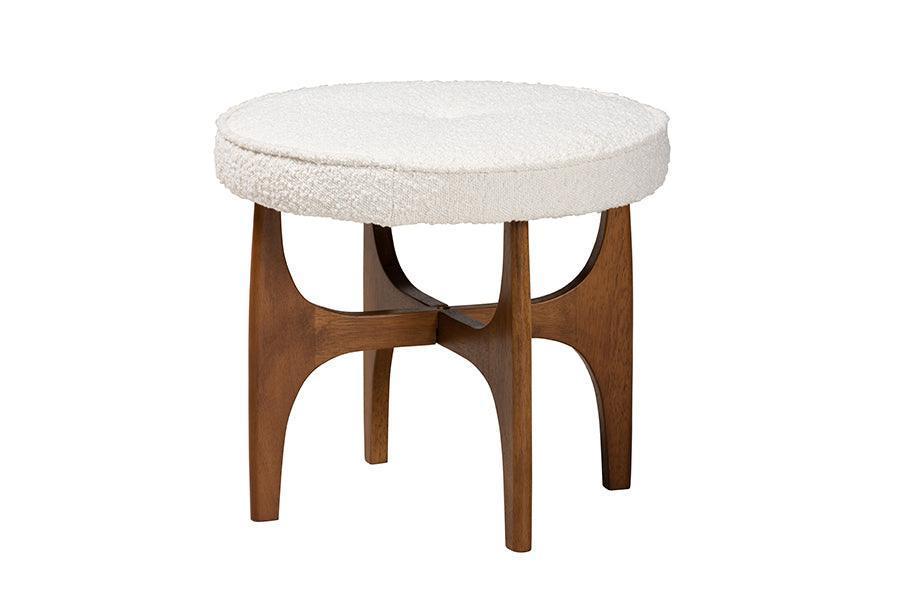 Theo Japandi Cream Boucle Fabric and Walnut Brown Finished Rubberwood Ottoman Footstool FredCo