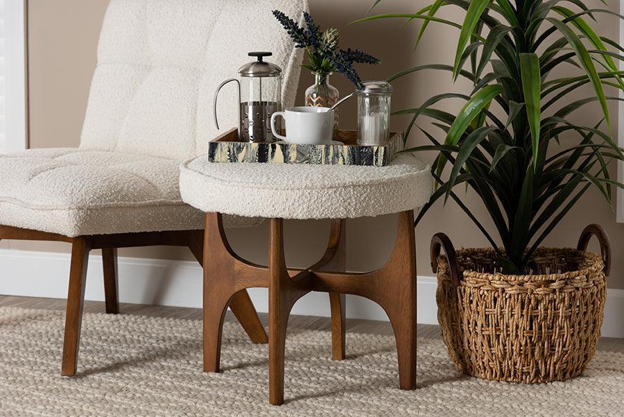 Theo Japandi Cream Boucle Fabric and Walnut Brown Finished Rubberwood Ottoman Footstool FredCo