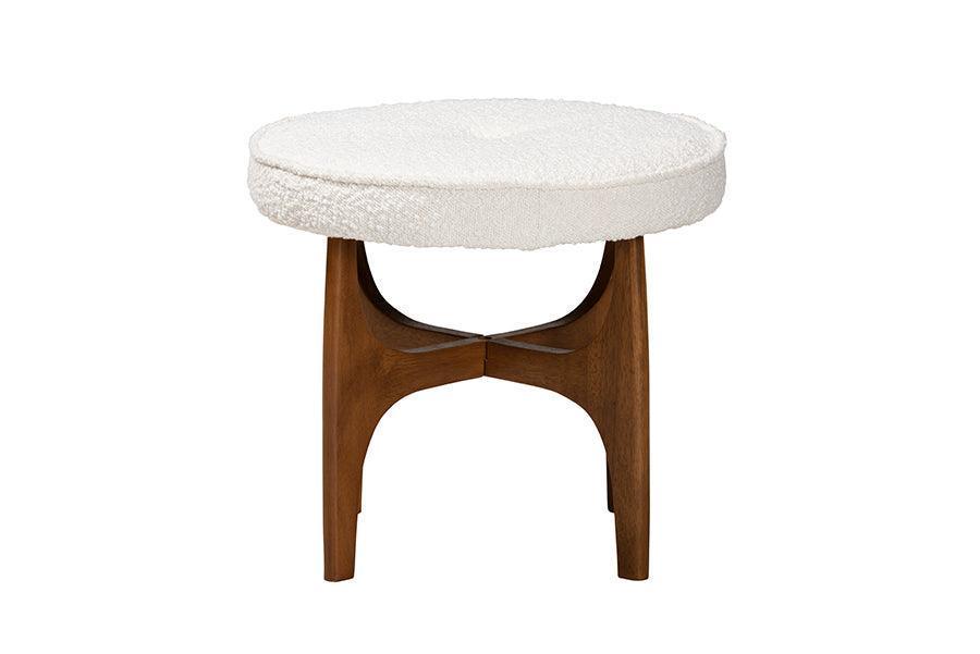 Theo Japandi Cream Boucle Fabric and Walnut Brown Finished Rubberwood Ottoman Footstool FredCo