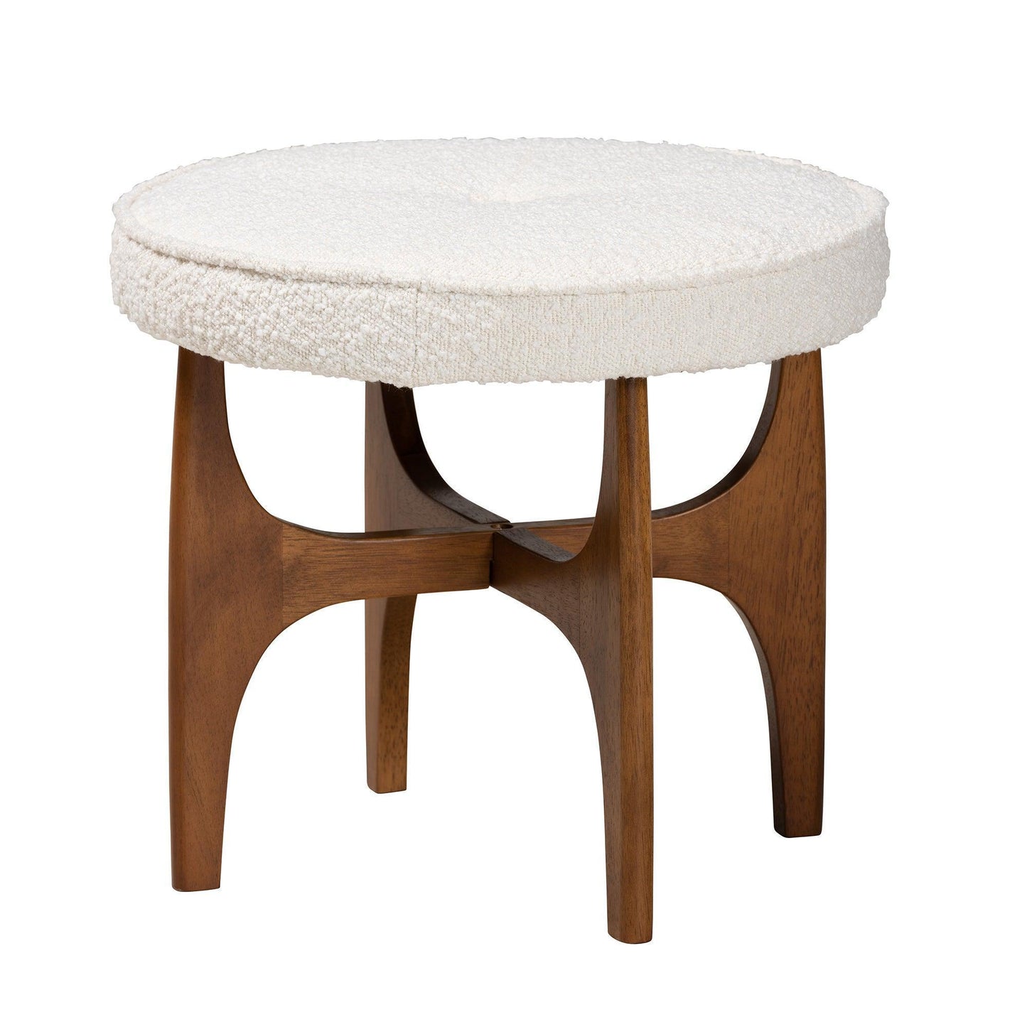Theo Japandi Cream Boucle Fabric and Walnut Brown Finished Rubberwood Ottoman Footstool FredCo