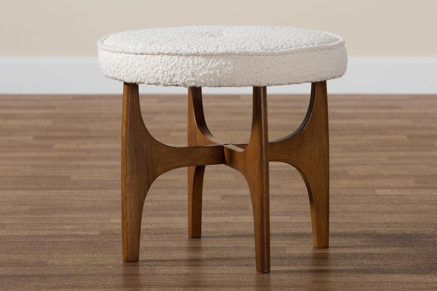 Theo Japandi Cream Boucle Fabric and Walnut Brown Finished Rubberwood Ottoman Footstool FredCo