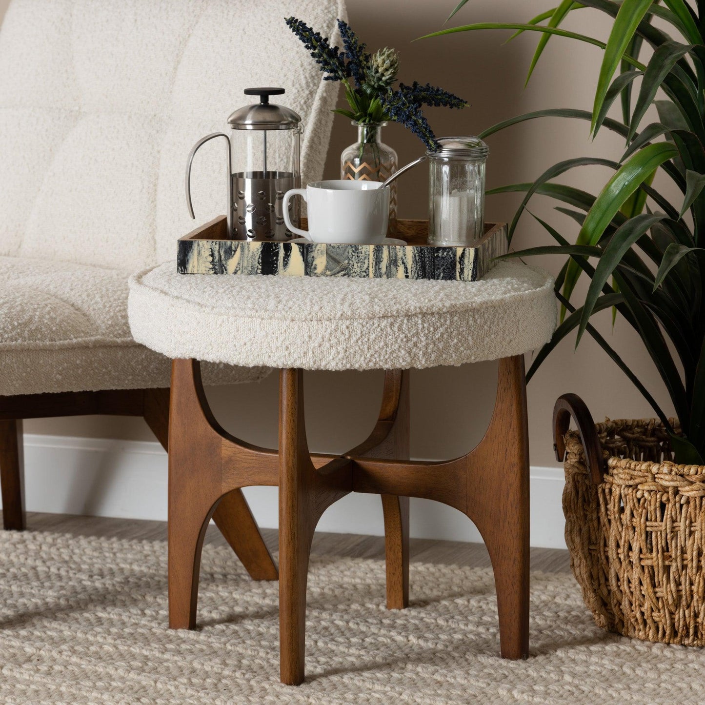 Theo Japandi Cream Boucle Fabric and Walnut Brown Finished Rubberwood Ottoman Footstool FredCo