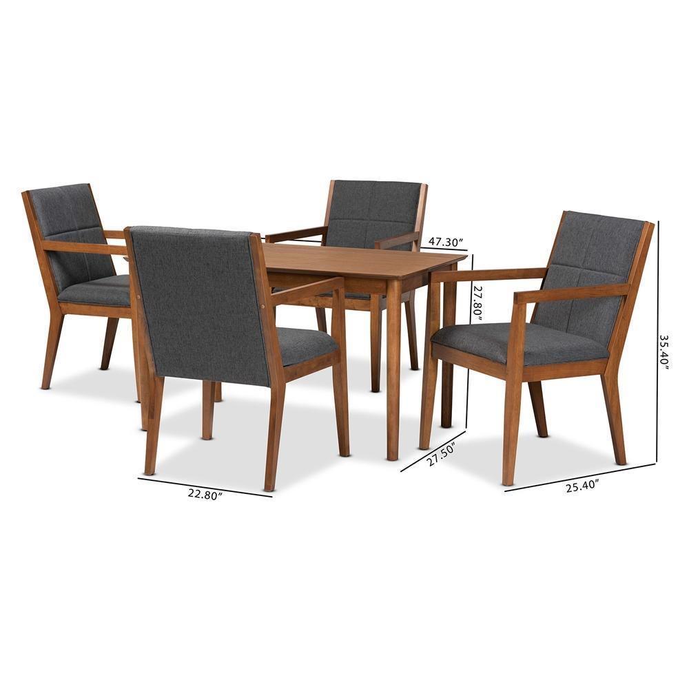 Theresa Mid-Century Modern Dark Grey Fabric Upholstered and Walnut Brown Finished Wood 5-Piece Dining Set FredCo