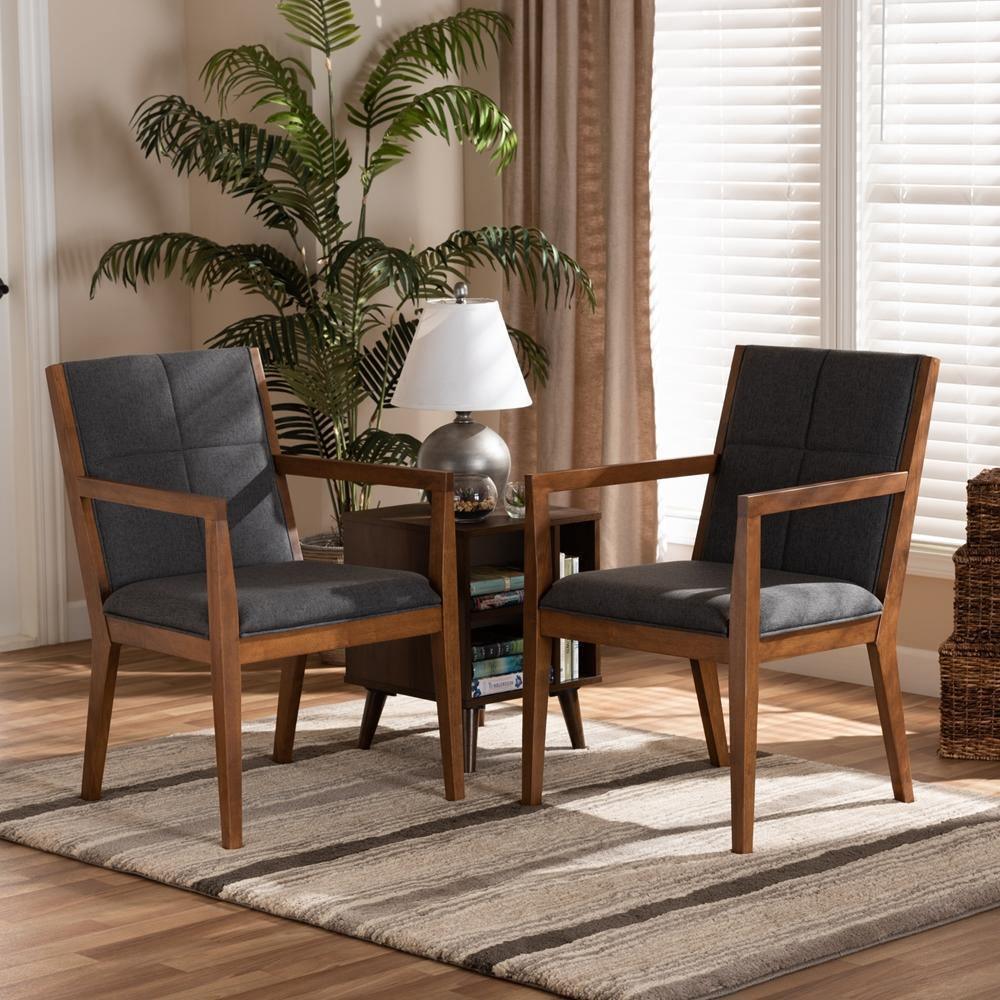 Theresa Mid-Century Modern Dark Grey Fabric Upholstered and Walnut Brown Finished Wood Living Room Accent Chair (Set of 2) FredCo