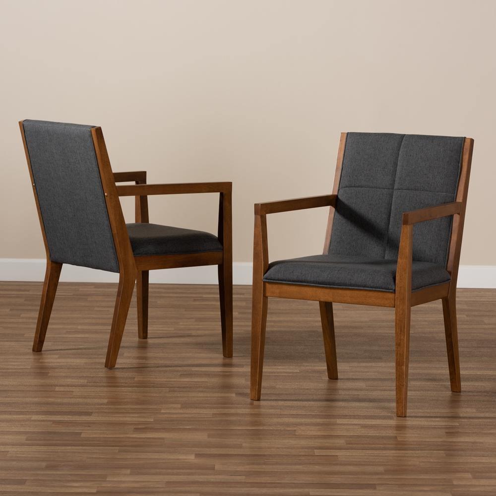 Theresa Mid-Century Modern Dark Grey Fabric Upholstered and Walnut Brown Finished Wood Living Room Accent Chair (Set of 2) FredCo