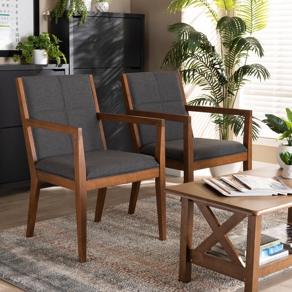 Theresa Mid-Century Modern Dark Grey Fabric Upholstered and Walnut Brown Finished Wood Living Room Accent Chair (Set of 2) FredCo