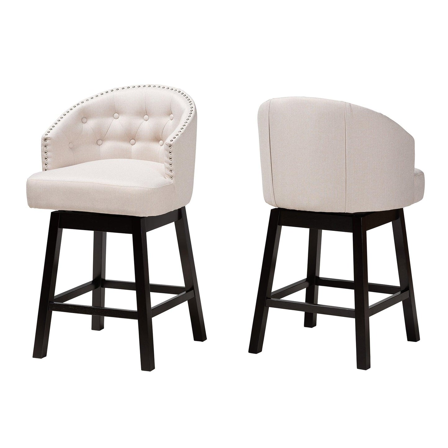 Theron Mid-Century Transitional Light Beige Fabric and Espresso Brown Finished Wood 2-Piece Swivel Counter Stool Set FredCo