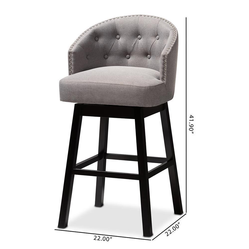 Theron Transitional Gray Fabric Upholstered Wood Swivel Bar Stool Set of 2 FredCo