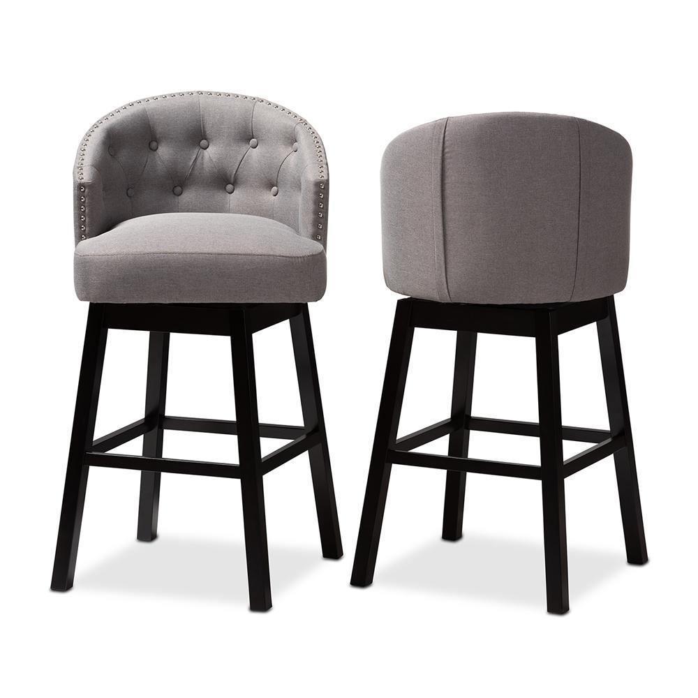 Theron Transitional Gray Fabric Upholstered Wood Swivel Bar Stool Set of 2 FredCo