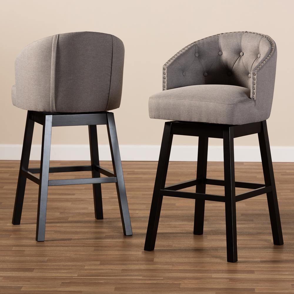 Theron Transitional Gray Fabric Upholstered Wood Swivel Bar Stool Set of 2 FredCo
