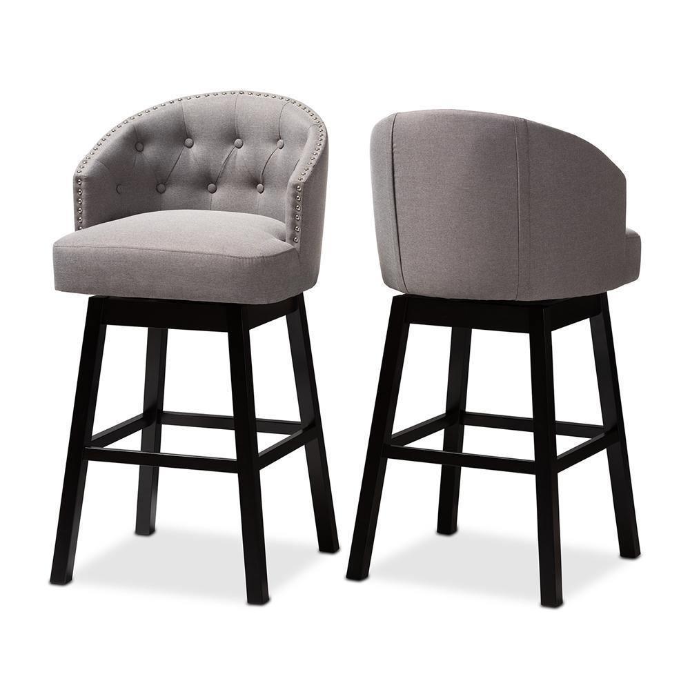 Theron Transitional Gray Fabric Upholstered Wood Swivel Bar Stool Set of 2 FredCo