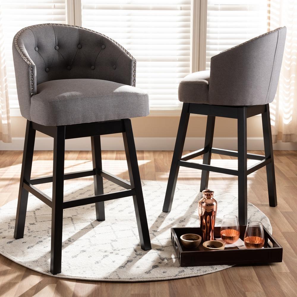 Theron Transitional Gray Fabric Upholstered Wood Swivel Bar Stool Set of 2 FredCo