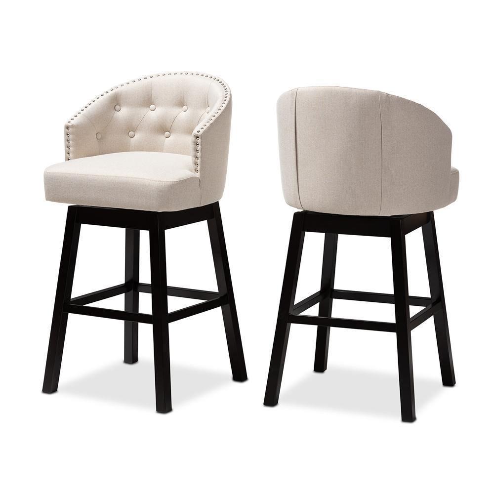 Theron Transitional Light Beige Fabric Upholstered Wood Swivel Bar Stool Set of 2 FredCo