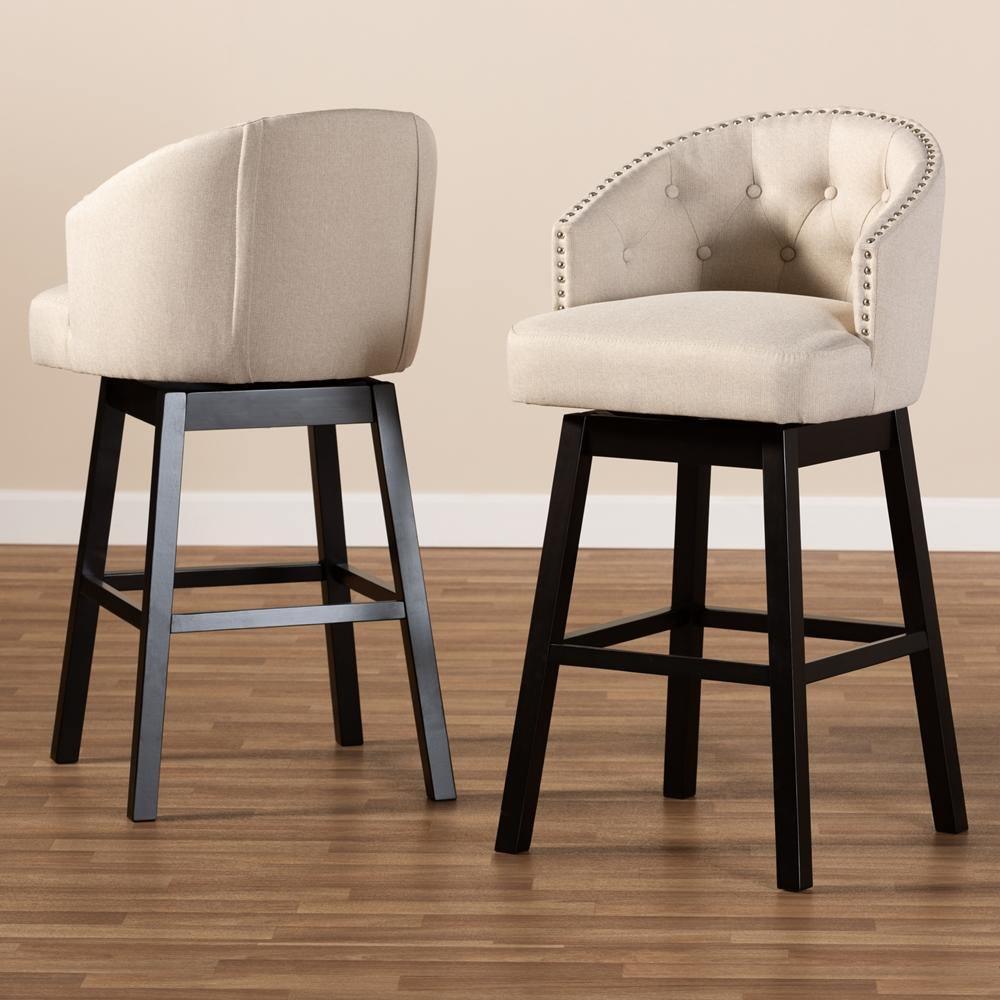 Theron Transitional Light Beige Fabric Upholstered Wood Swivel Bar Stool Set of 2 FredCo