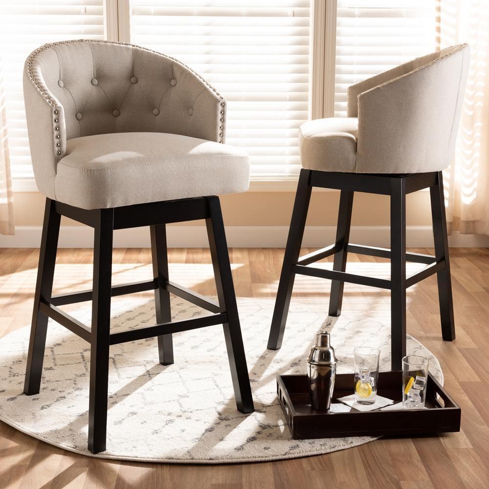 Theron Transitional Light Beige Fabric Upholstered Wood Swivel Bar Stool Set of 2 FredCo