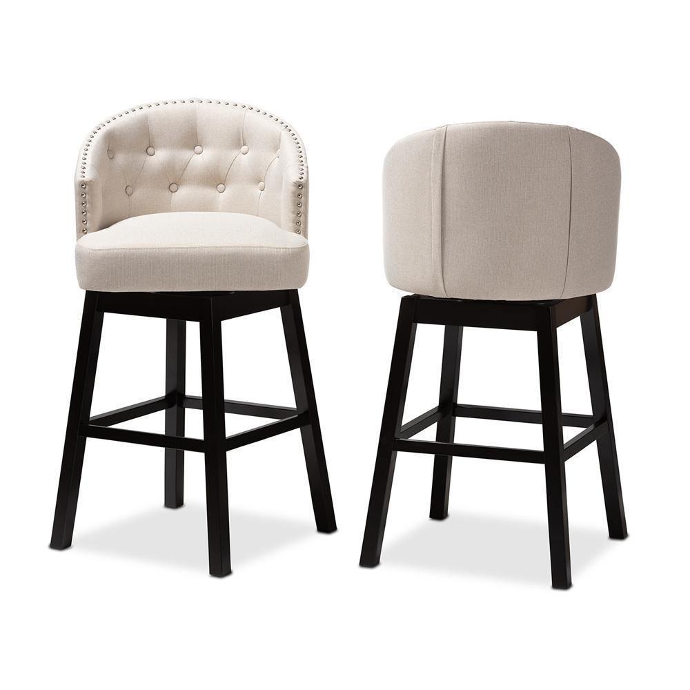 Theron Transitional Light Beige Fabric Upholstered Wood Swivel Bar Stool Set of 2 FredCo
