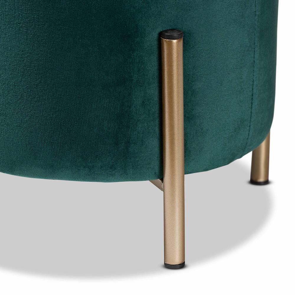 Thurman Contemporary Glam and Luxe Green Velvet Fabric Upholstered and Gold Finished Metal Ottoman FredCo