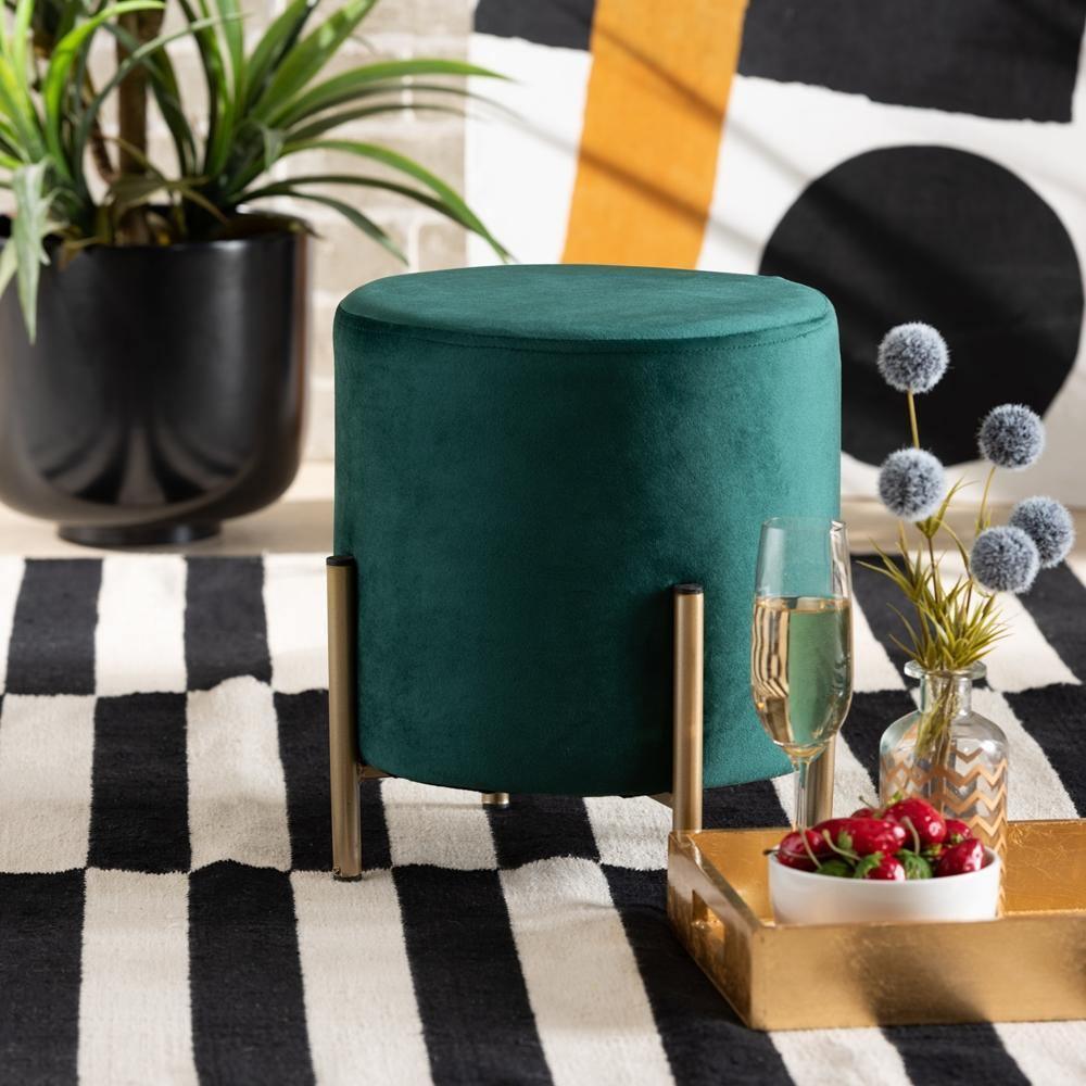 Thurman Contemporary Glam and Luxe Green Velvet Fabric Upholstered and Gold Finished Metal Ottoman FredCo