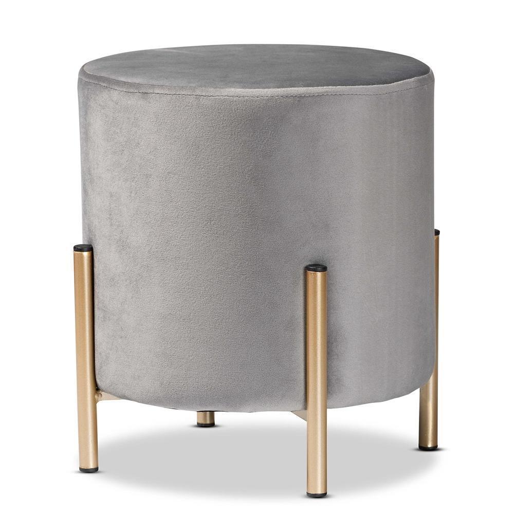 Thurman Contemporary Glam and Luxe Grey Velvet Fabric Upholstered and Gold Finished Metal Ottoman FredCo