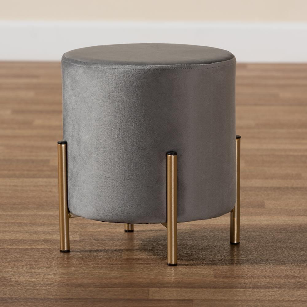 Thurman Contemporary Glam and Luxe Grey Velvet Fabric Upholstered and Gold Finished Metal Ottoman FredCo
