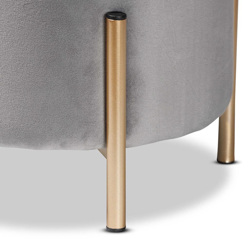 Thurman Contemporary Glam and Luxe Grey Velvet Fabric Upholstered and Gold Finished Metal Ottoman FredCo
