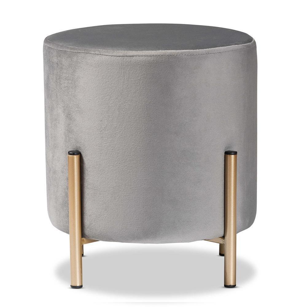 Thurman Contemporary Glam and Luxe Grey Velvet Fabric Upholstered and Gold Finished Metal Ottoman FredCo