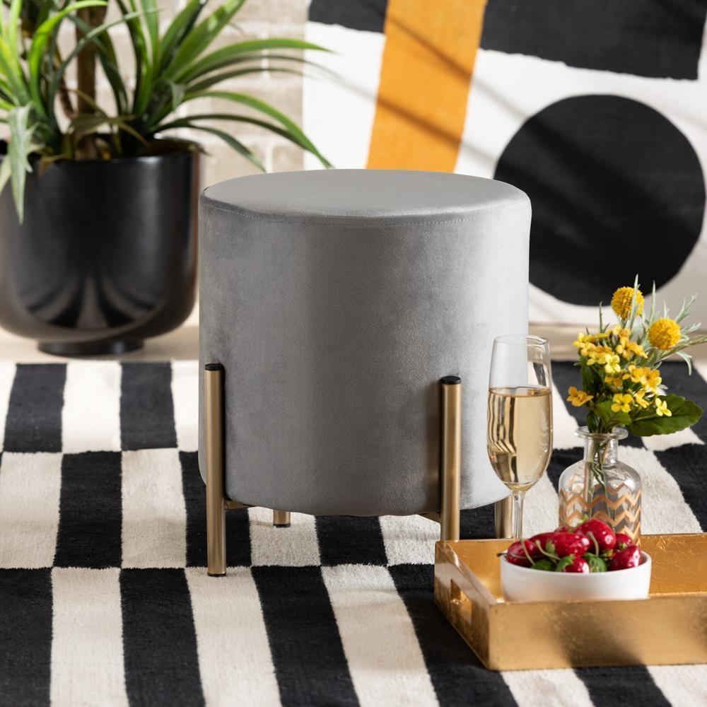 Thurman Contemporary Glam and Luxe Grey Velvet Fabric Upholstered and Gold Finished Metal Ottoman FredCo
