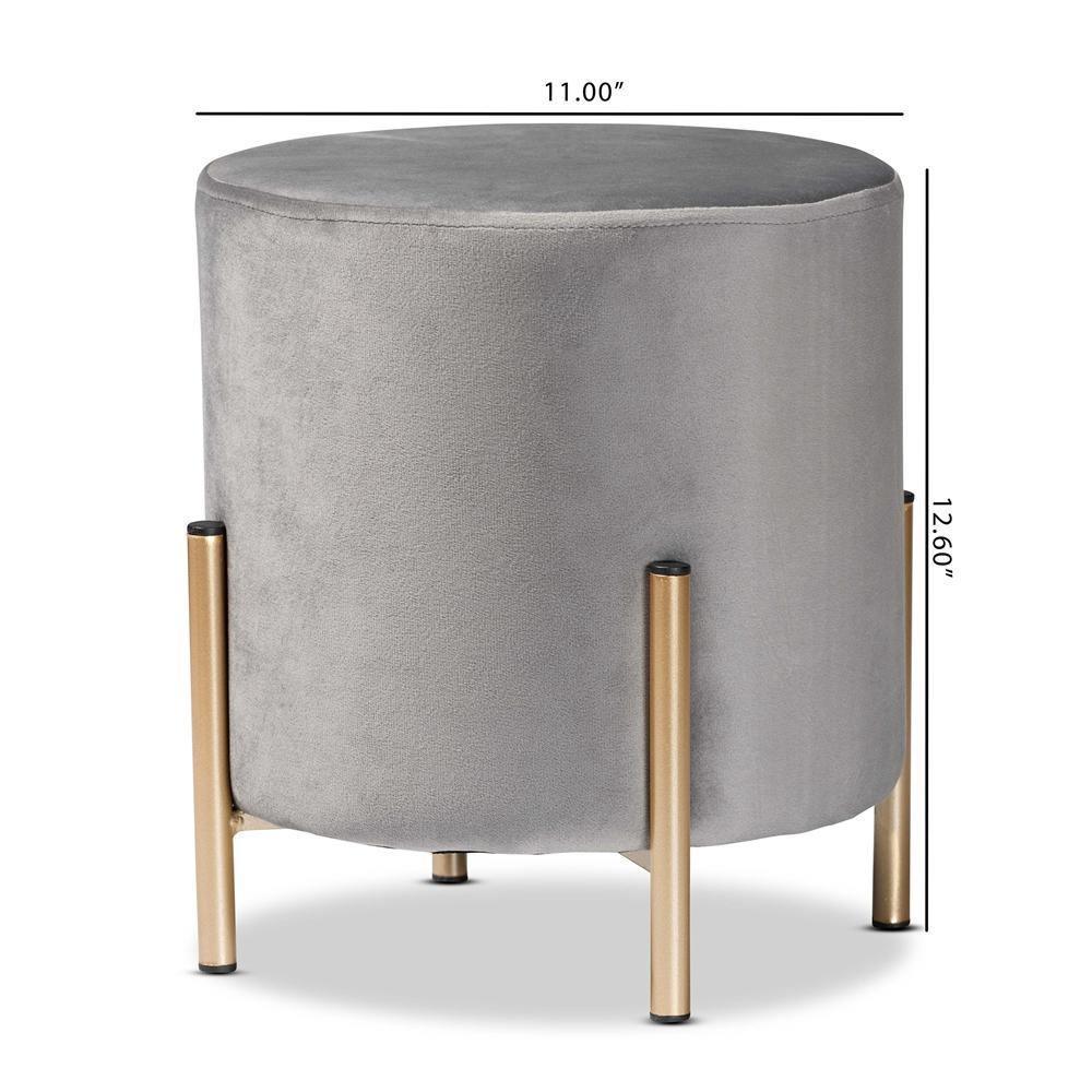 Thurman Contemporary Glam and Luxe Grey Velvet Fabric Upholstered and Gold Finished Metal Ottoman FredCo
