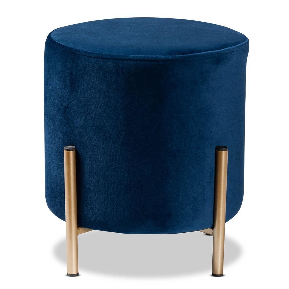 Thurman Contemporary Glam and Luxe Navy Blue Velvet Fabric Upholstered and Gold Finished Metal Ottoman FredCo