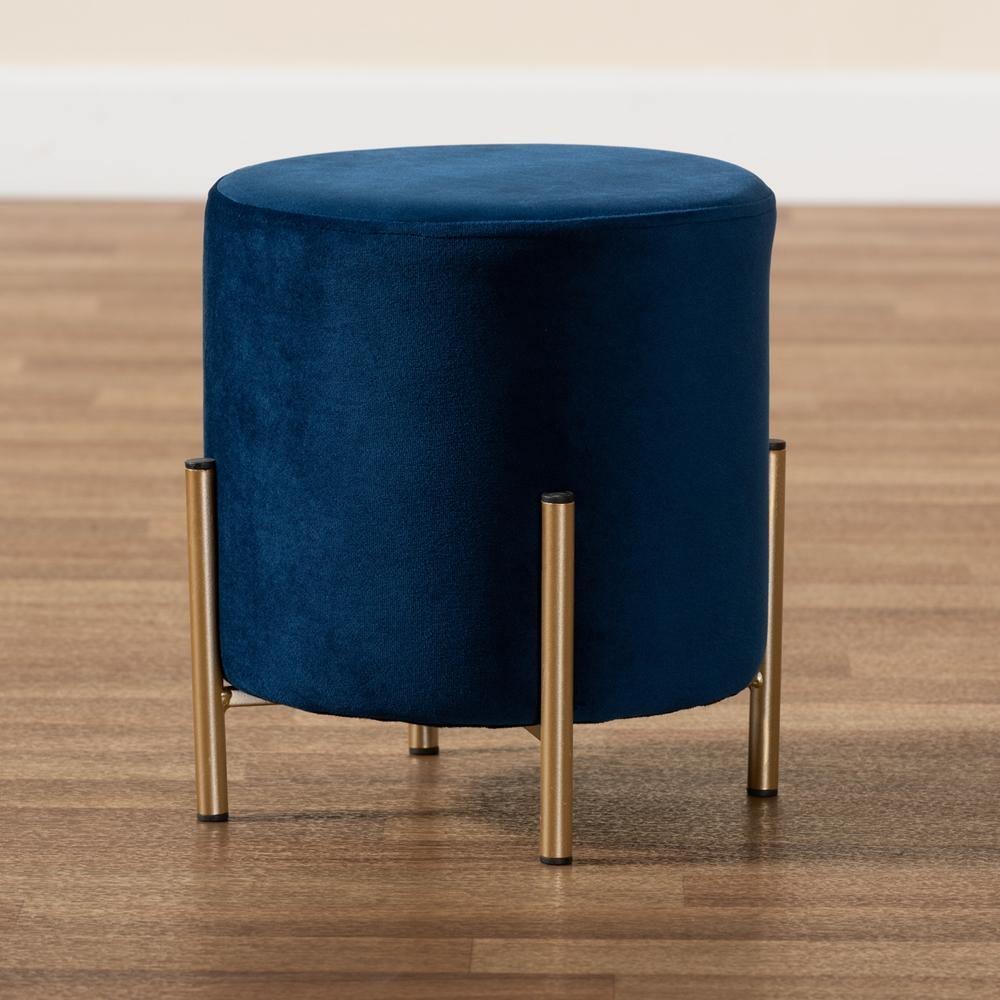 Thurman Contemporary Glam and Luxe Navy Blue Velvet Fabric Upholstered and Gold Finished Metal Ottoman FredCo