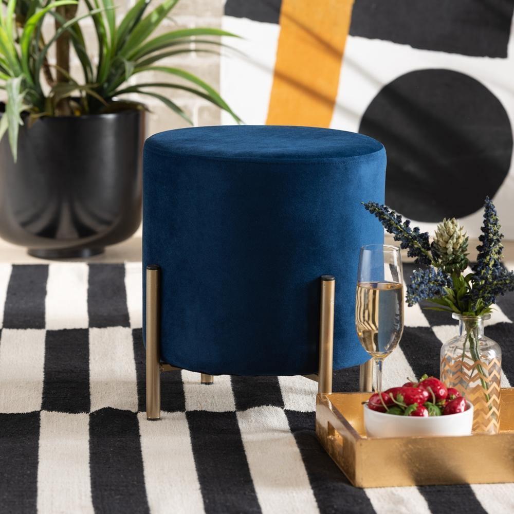 Thurman Contemporary Glam and Luxe Navy Blue Velvet Fabric Upholstered and Gold Finished Metal Ottoman FredCo