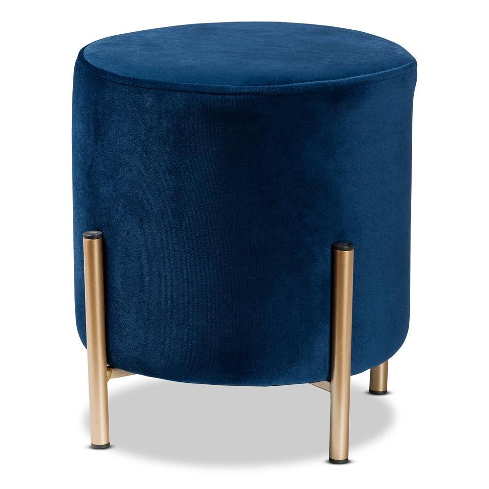 Thurman Contemporary Glam and Luxe Navy Blue Velvet Fabric Upholstered and Gold Finished Metal Ottoman FredCo