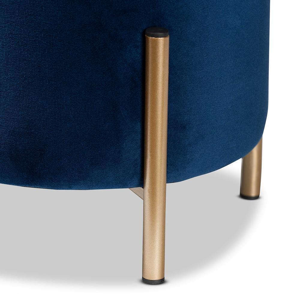 Thurman Contemporary Glam and Luxe Navy Blue Velvet Fabric Upholstered and Gold Finished Metal Ottoman FredCo
