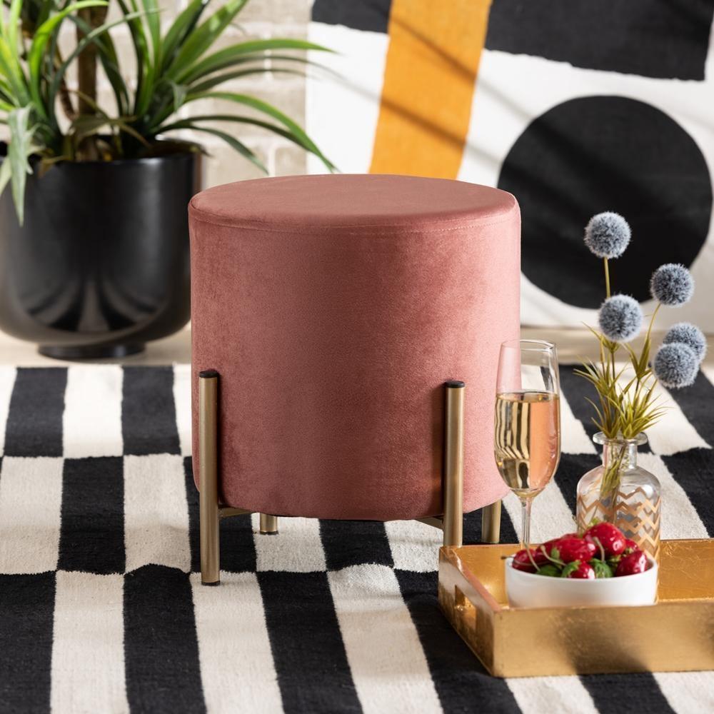Thurman Contemporary Glam and Luxe Pink Velvet Fabric Upholstered and Gold Finished Metal Ottoman FredCo