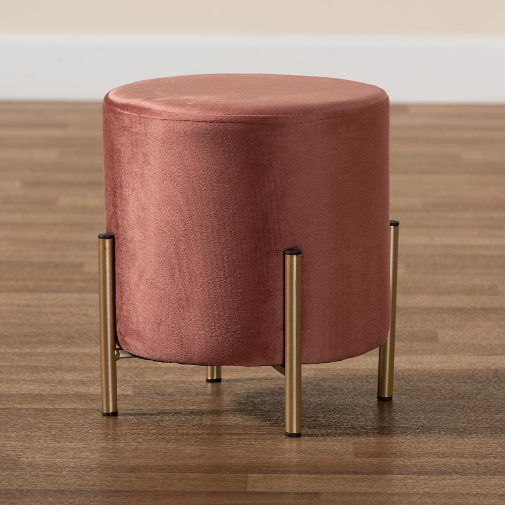 Thurman Contemporary Glam and Luxe Pink Velvet Fabric Upholstered and Gold Finished Metal Ottoman FredCo