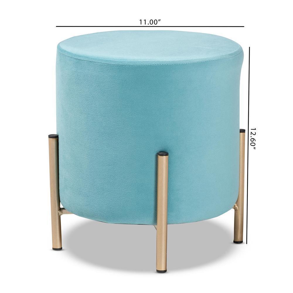 Thurman Contemporary Glam and Luxe Sky Blue Velvet Fabric Upholstered and Gold Finished Metal Ottoman FredCo