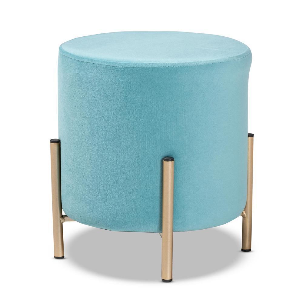 Thurman Contemporary Glam and Luxe Sky Blue Velvet Fabric Upholstered and Gold Finished Metal Ottoman FredCo