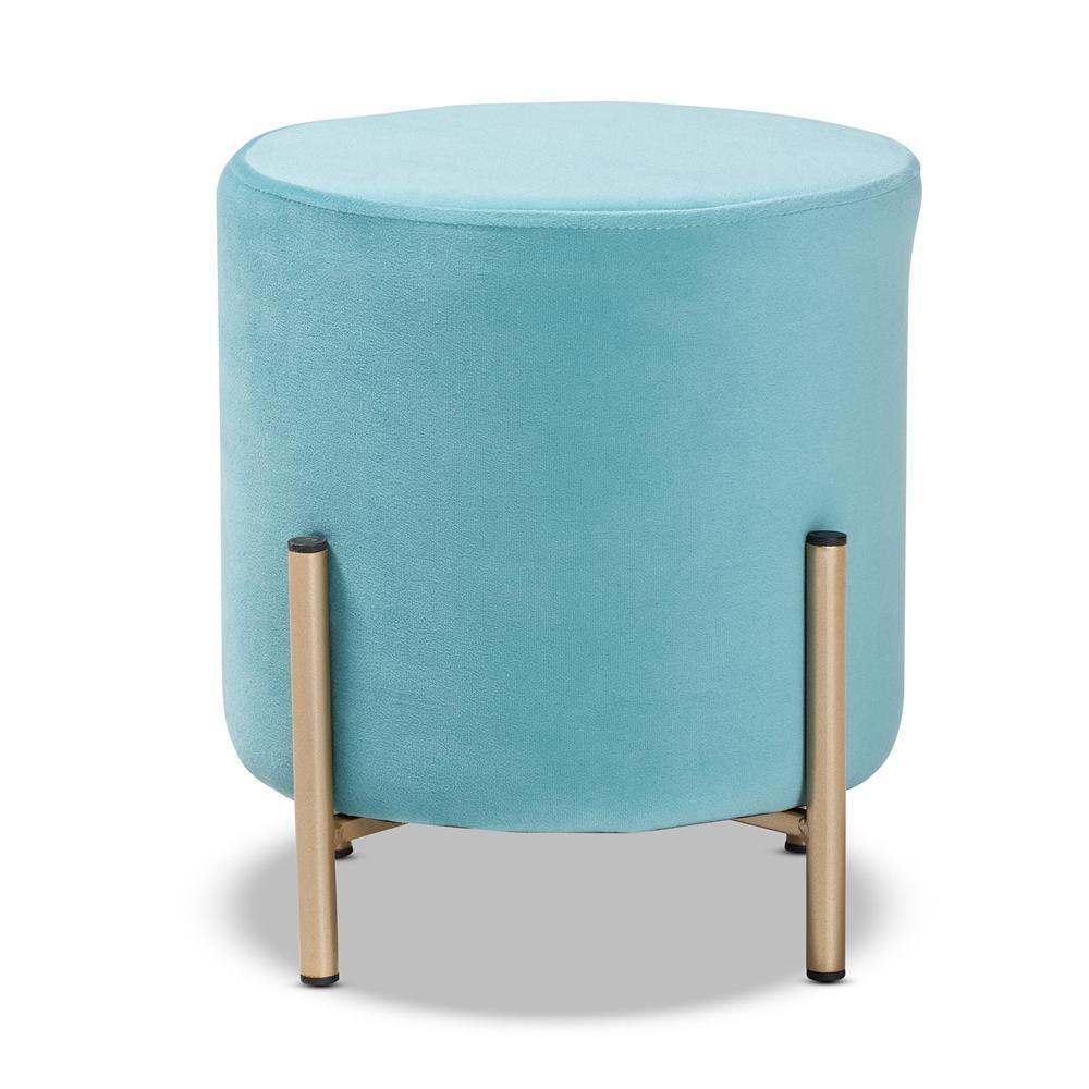 Thurman Contemporary Glam and Luxe Sky Blue Velvet Fabric Upholstered and Gold Finished Metal Ottoman FredCo